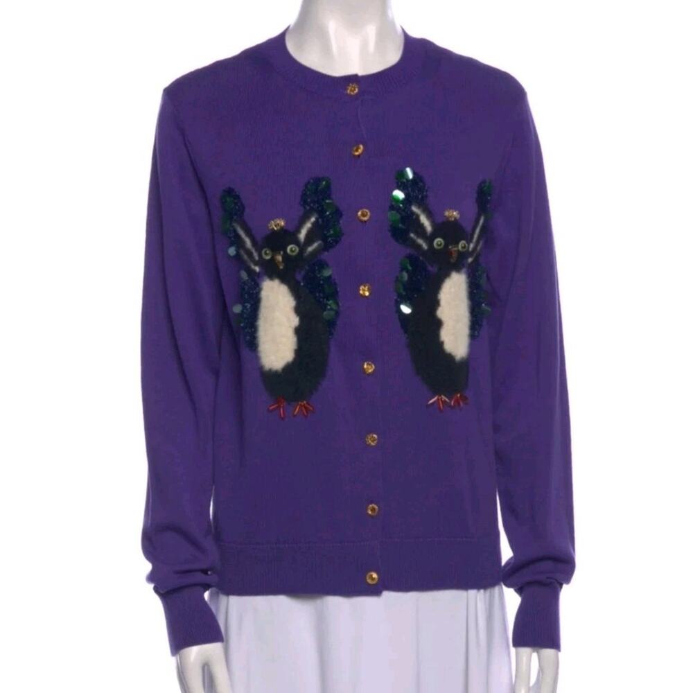 MUVEIL Penguin Knit Cardigan Purple Embellished Sz FR38 US M Made In Dreamland -